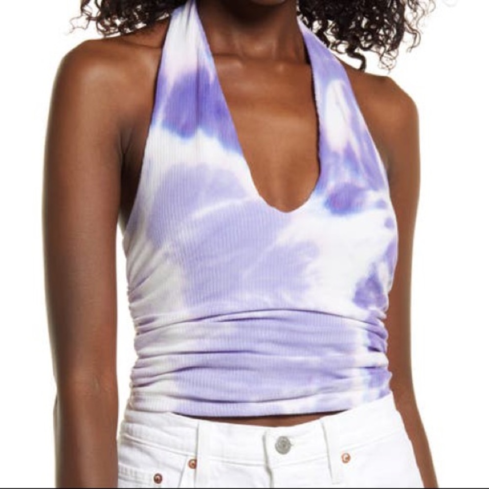 AFRM Arkin Crop Halter Top In Purple Circle Tie Dye